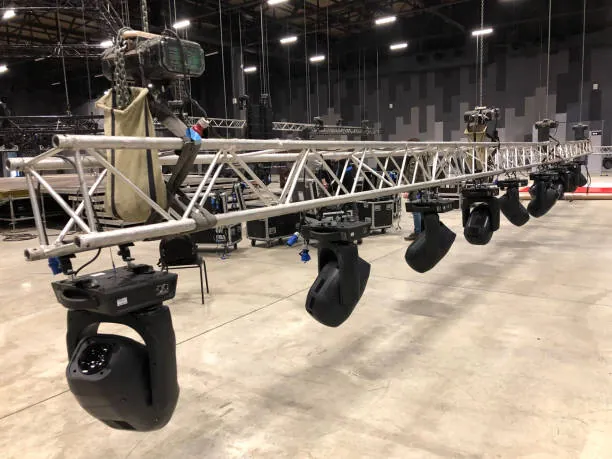 Lighting truss rigged above an event space